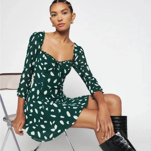 reformation green polka dot dress The Floral Tie Midi Dress -Sweetheart's Neck Floral Print High Waist Dress  - Green - Dresses main image 0